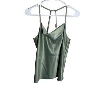 Pleione Tank Top Women's Small Green Satin Cowl Neck Strappy Blouse Shirt